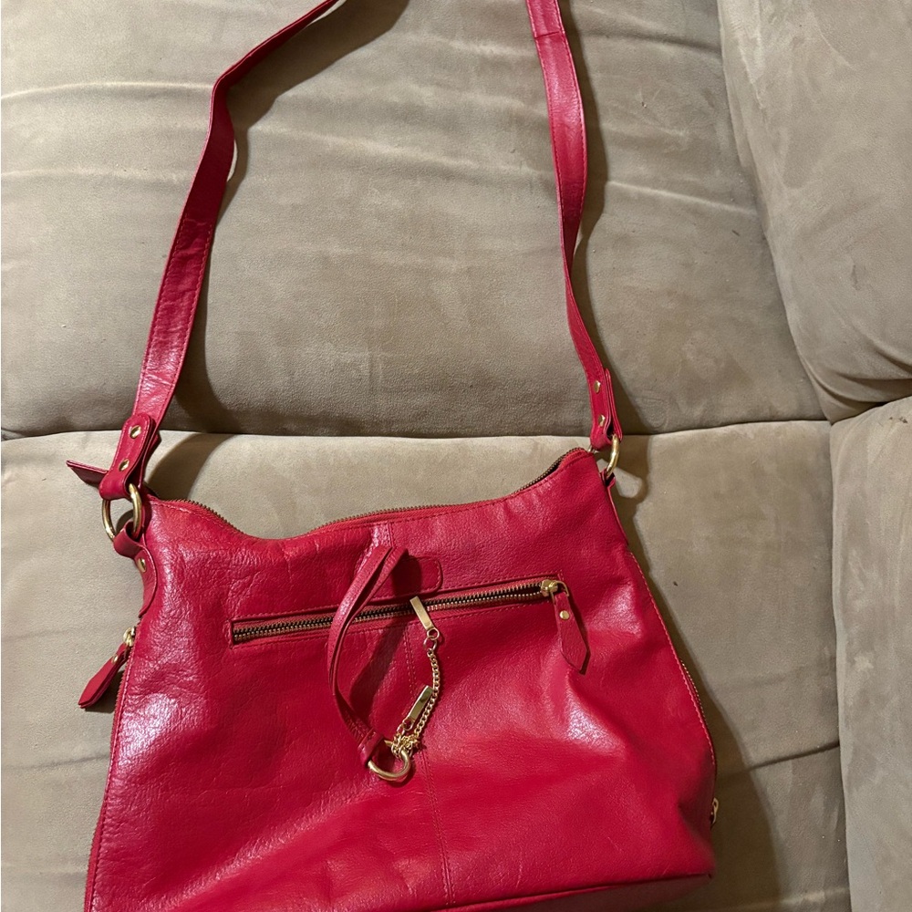 Vibrant Red Genuine Leather Bucket Shoulder Bag